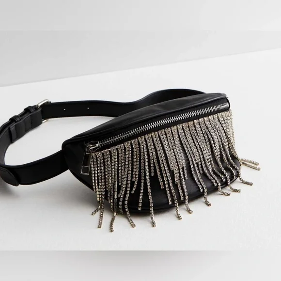 Pink Lily Black Quilted Rhinestone Fringe Belt Bag ✨ - Picture 2 of 8